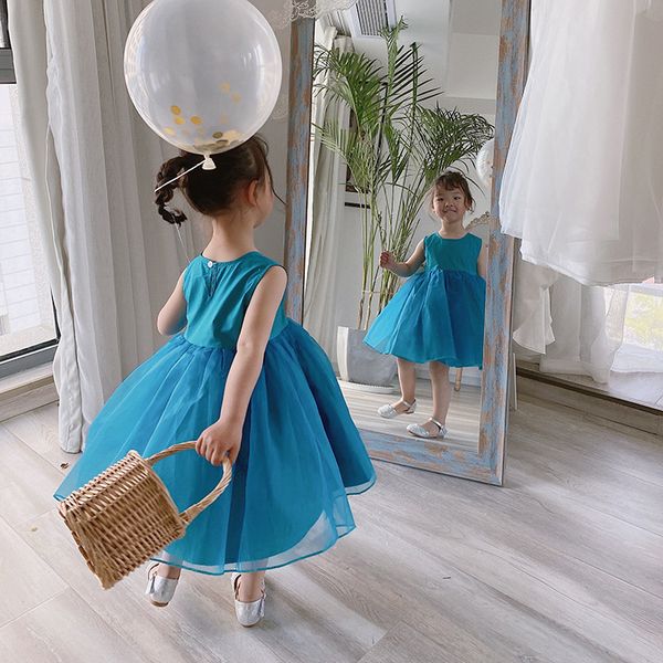 

summer fashion girls organza princess ball gown 1-7 years girl cute sleevless dress 210508, Red;yellow