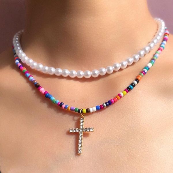 

chains flatfoosie multi-layer pearl beaded choker necklace for women gold color cross crystal pendant boho trendy jewelry gift, Silver