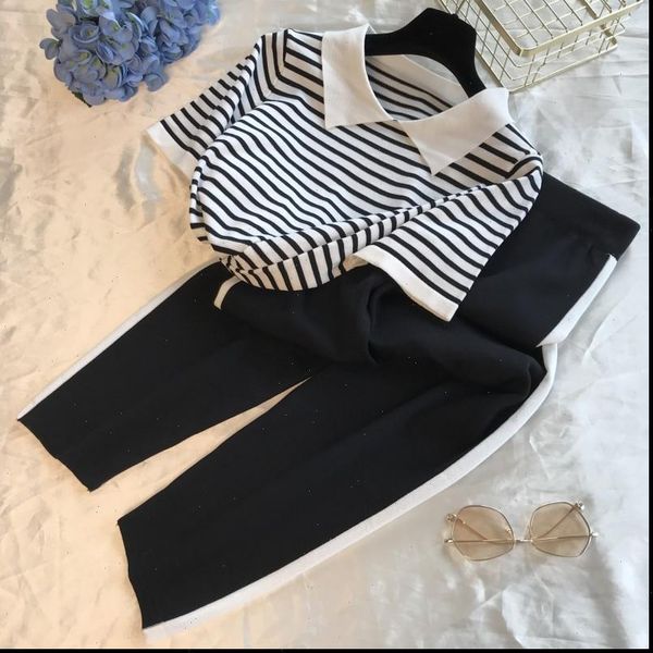 

runway knitted sweater 2 piece womens pants set striped lapel pullover stretch waist summer athletic suit, White