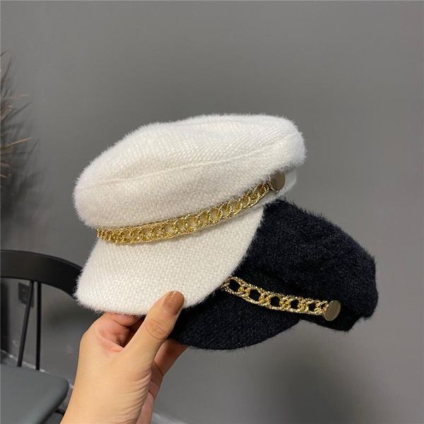 

stingy brim hats 202109-shi winter imitation mink velvet golden chain leisure lady octagonal hat women visors cap, Blue;gray