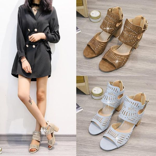

fashion summer women sandals shoes fish mouth buckle heels thick female lady, Black