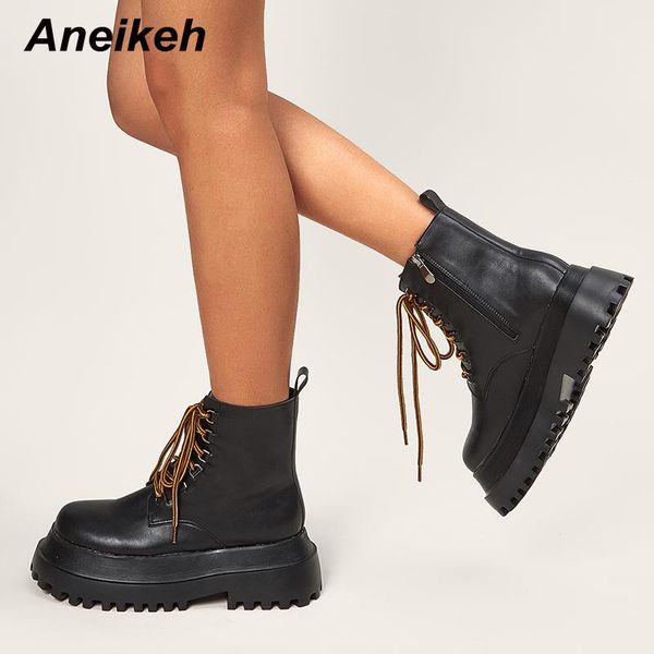 

boots aneikeh punk women's winter 2021 fashion cross-tied thick bottom non-slip sewing zipper shoes square heel size 35-40, Black