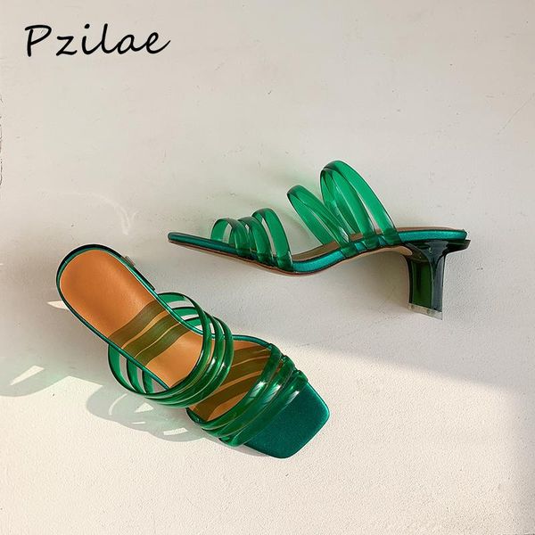 

slippers pzilae summer women transparent pvc ladies party sandals woman slides clear narrow band crystal heels shoes, Black