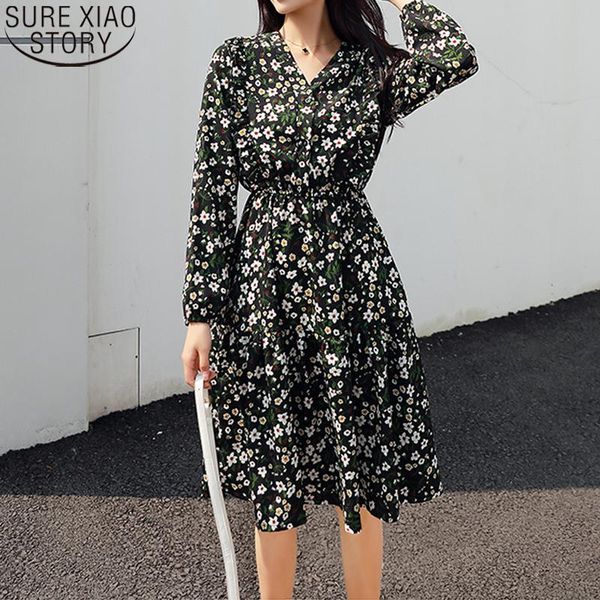 

casual dresses green empire knee-length party dress women long lantern sleeve v-neck floral print vintage vestidos 8567 50, Black;gray