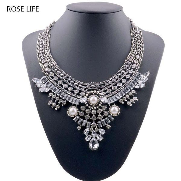 

pendant necklaces rose life fashion big exaggerated alloy pearl jewelry chain clasp necklace, Silver