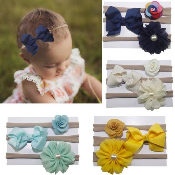 

hair accessories 3pcs kids elastic floral headband pearl girls baby bowknot hairband set pography props 0718, Slivery;white