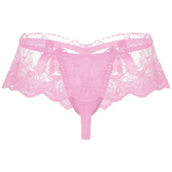 

mens lingerie lace sissy underwear see through bowknot briefs panties low waist open bulge pouch thongs underpants women's, Black;pink
