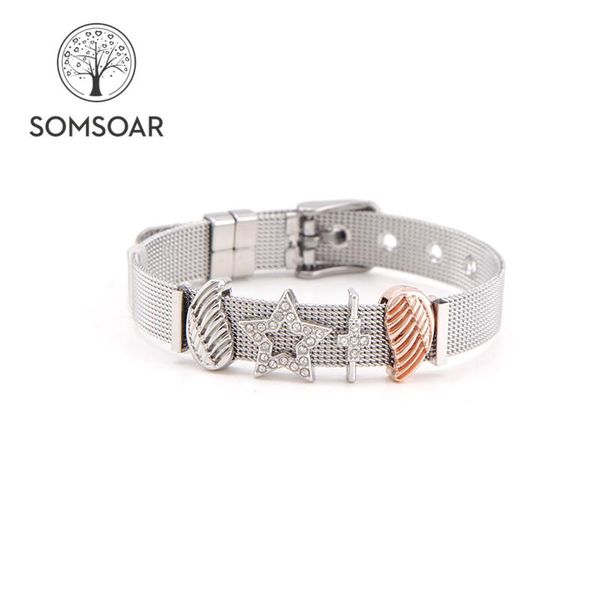 

tennis drop somsoar jewelry silver stainless steel mesh bracelet set with rubber preventer star wing cross slide charms as gift, Golden;silver