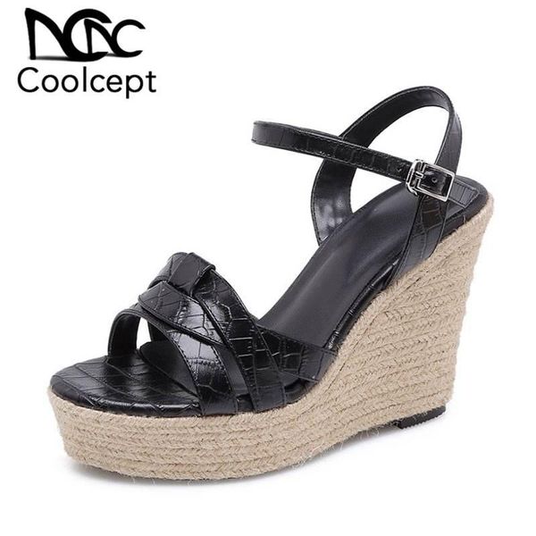 

coolcept women wedges sandals genuine leather chunky fashion buckle summer bohemia travel shoes size 34-39, Black