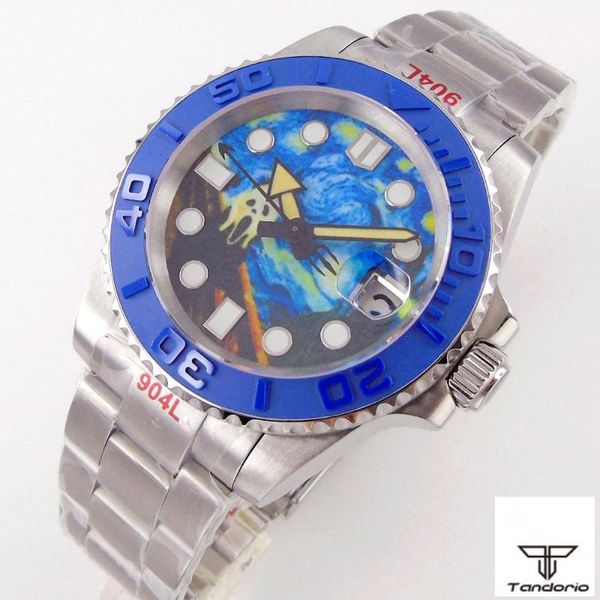 

wristwatches 40mm blue face men's automatic watch japan nh35 movement sapphire 904l bracelet glide lock buckle date cyclops ceramic ins, Slivery;brown