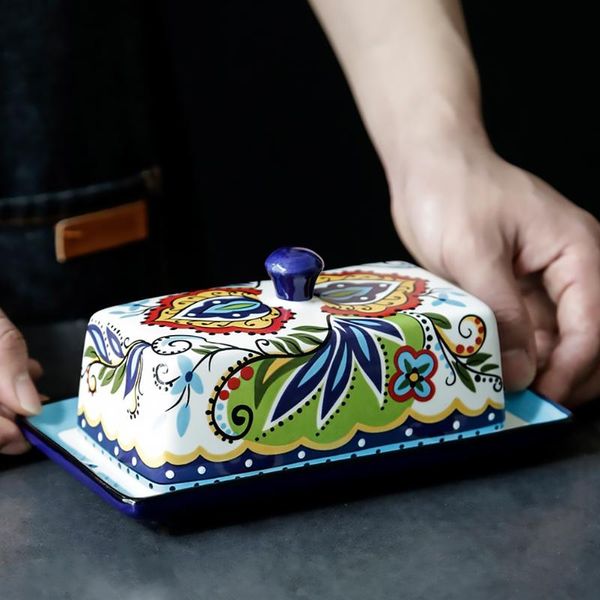 

dishes & plates creative floral pattern ceramic dessert plate cheese box container butter with lid household exquisite dinner