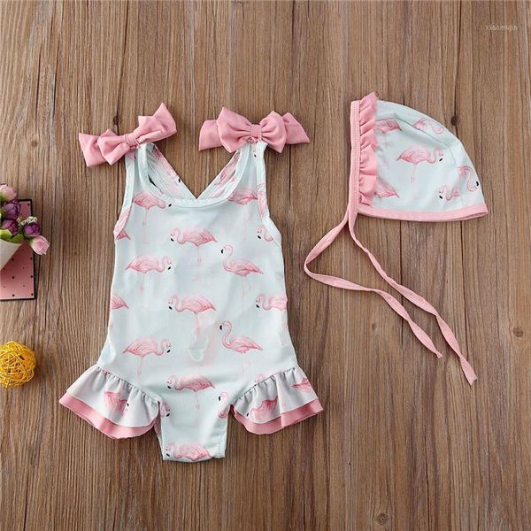 

baby girls summer swimwear 2pcs beachwear set sleeveless bowknot cute animal print backless one-piece swimsuit+ruffle hat kids one-pieces, Black