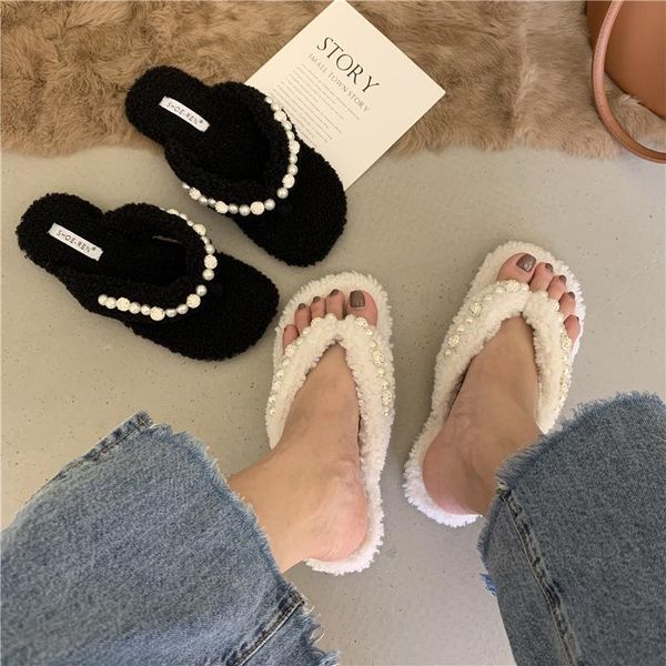 

slippers chic handmade string bead fur flip flops women winter shoes woman warm plush slides pearl clip toe fleeces slipper female 2021, Black