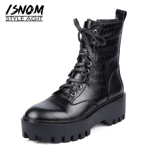 

boots isnom genuine leather ankle stone print platform booties lace up zip wedges shoes women skid proof autumn boot 20211, Black