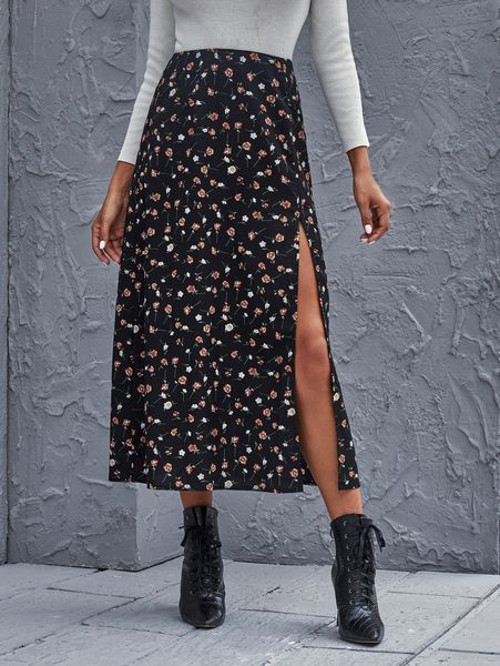 

ditsy floral high-slit midi skirt o5px#, Black