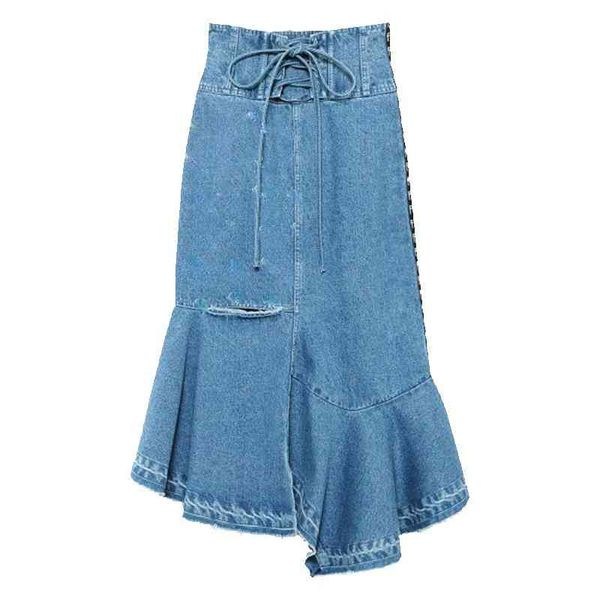 Mode Hohe Taille Frau Trompete Denim Rock Bandage Meerjungfrau Feminino Jupe Frühling Chic Unregelmäßige Falda Mujer 210514