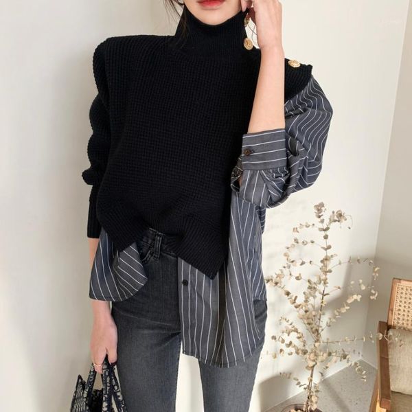 

autumn winter elegant sweater ol striped stitching turtleneck pullovers long sleeve loose knitted sweaters women's, White;black