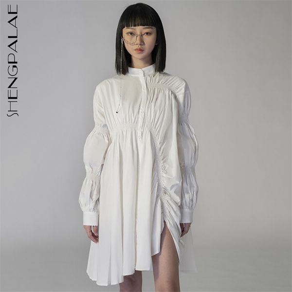 

blue irregular shirt dress women's summer laple large size waist lantern long sleeve mini dresses female 210427, Black;gray