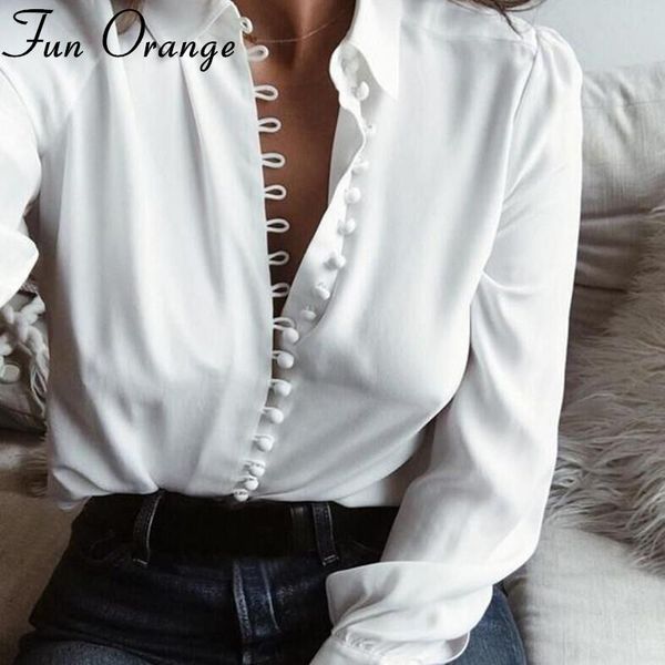 

women's blouses & shirts fun orange women fashion casual solid long sleeve blouse lapel shirt turn-down collar, White