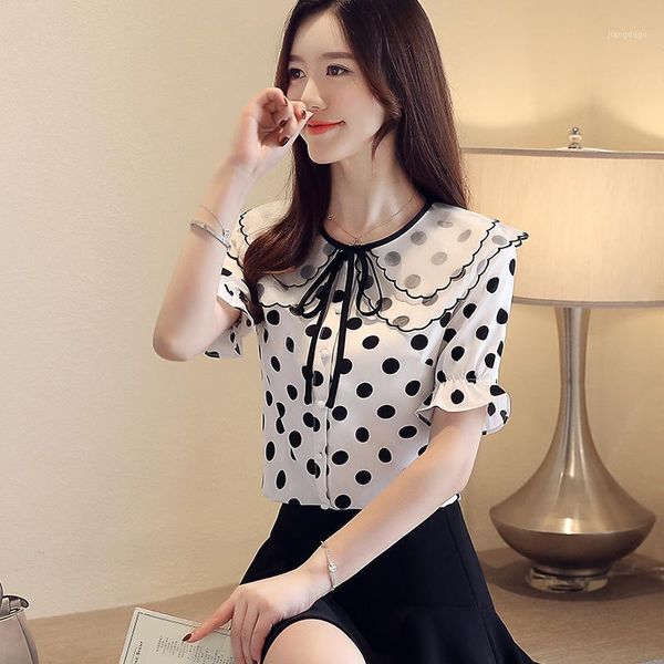 

women's blouses & shirts fashion dots casual ladies women short sleeve 2021 korean sweet style blouse, White