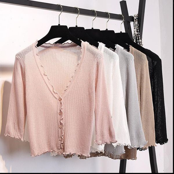 

ruffles v neck knitted women sweater casual cardigans short sleeve knitting outwear cardigan for female, White;black