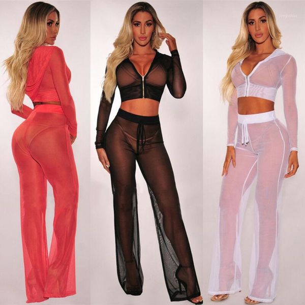 

women beach mesh sheer 2pcs 2021 summer bikini cover up swimwear bathing long sleeve zipper crop +pants set sale women's tracksuits, Gray