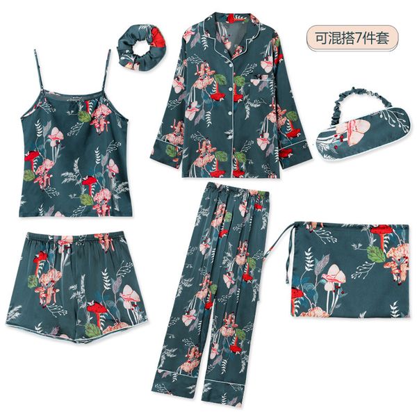 

women's shorts 7 pcs ice silk pajama set nightdress+long short pant printing fashion pajamas for women ey1w, White;black