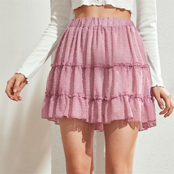 

cute chiffon ruffle skirt autumn winter casual mini women polka dot pink elegant office female girl 210415, Black