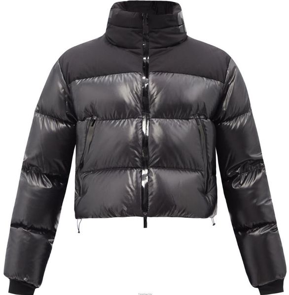

women nylon laquÃ© short down jackets designer lady appliques stand collar hood warm outwear fashion girl side pocket zipper winter coat, Black