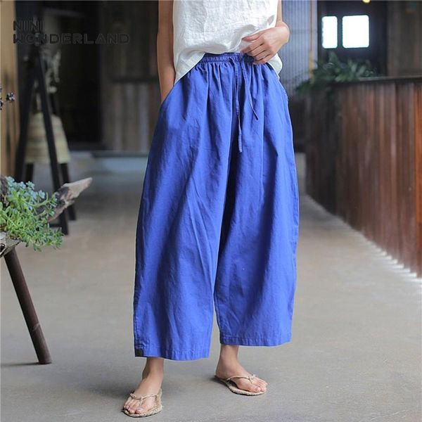 

women's pants & capris nini wonderland spring summer casual harem 2021 women ramie cotton ankle length trousers radish elastic waist so, Black;white