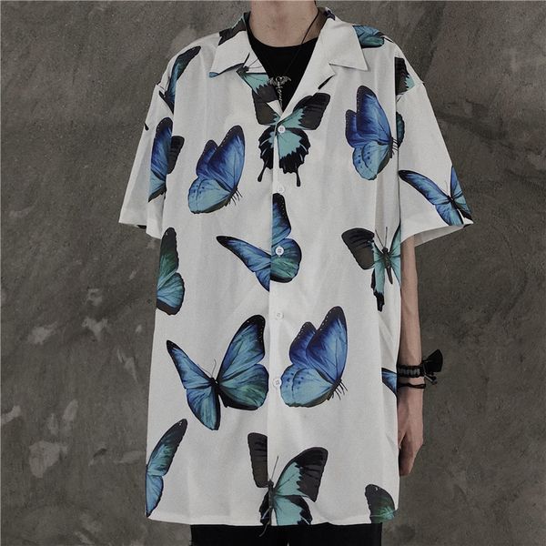 

men's wear high street fashion summer short sleeve shirt for male butterfly printed shirts loose casual y2681, White;black