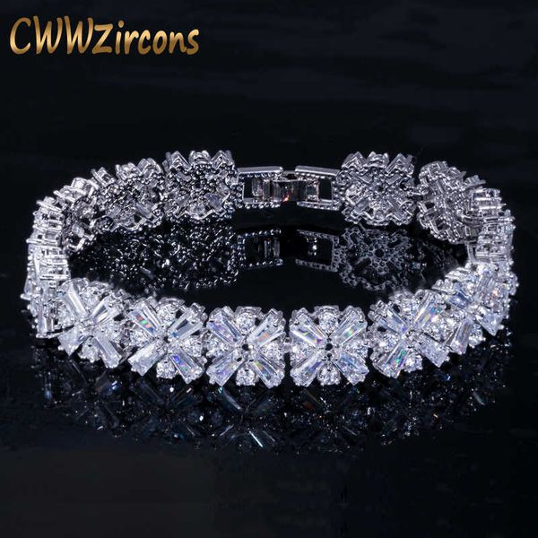 

cwwzircons women fashion jewelry gorgeous silver color spring flower cubic zirconia connected tennis bracelet for wedding cb010 210609, Golden;silver