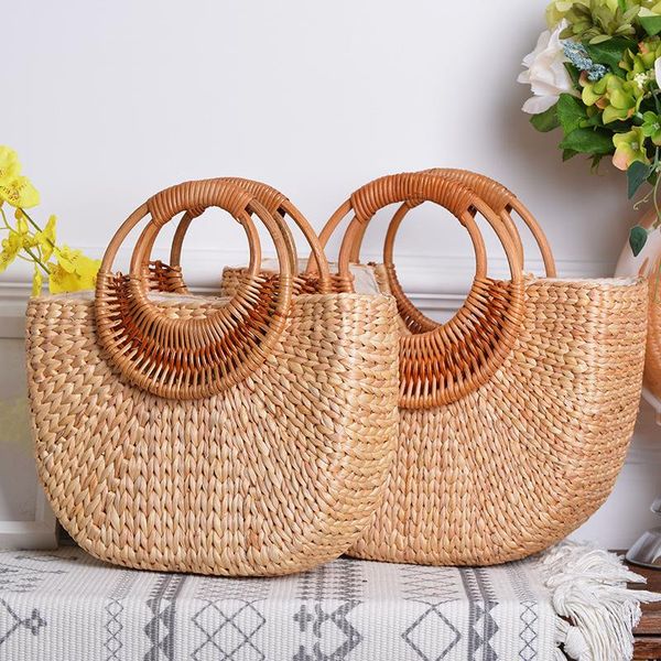 

storage bags rattan hand-made high-value pography artifact, straw moon bag, hand basket
