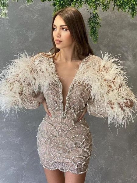 

casual dresses feather beading women dress long sleeve elegant v-neck outfit evening celebrity flare factory party brithday, Black;gray