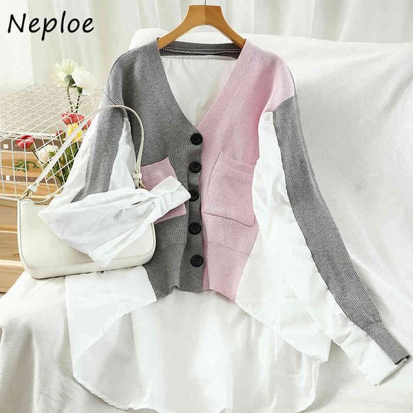 

neploe fashion hit color patchwork knit sweater cardigans women v neck long sleeve single breast pull femme spring sueter 210510, White;black