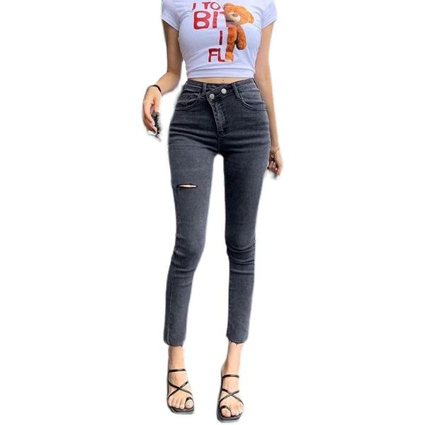 

women's jeans women cotton elastic with hole skinny legs high waist frayed hem korean fashion female spandex, Blue