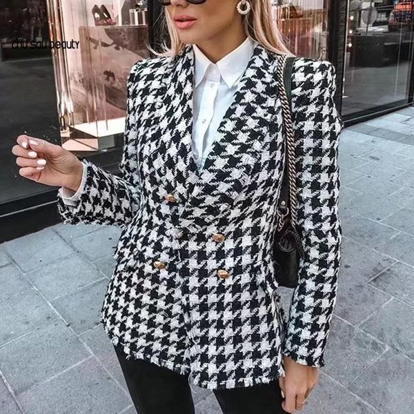 

women tweed jackets 2021 fashion office ladies black tassel houndstooth coats female autumn vintage thick plaid coat girls chic women's, Black;brown