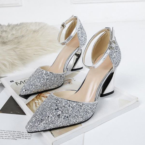 

women sandals pu buckle strap sequined cloth 8cm thick heel high heels pointed toe rhinestones bling shallow shoes, Black