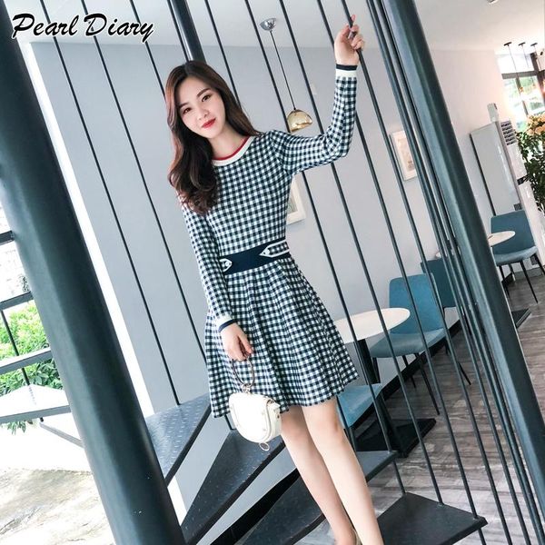 

casual dresses sweater dress women 2021 spring autumn plaid long sleeve a-line mini slim knitted party evening winter, Black;gray