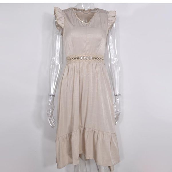 

casual dresses summer v-neck womens dress fashion pink green sleeveless ruffles hollow out elegant midi for women robe femme, Black;gray