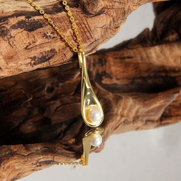 

chains korean style s925 sterling silver small pearl spoon pendant necklaces simple 50+10cm long link sweater layering necklace