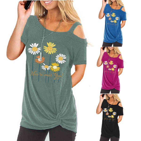 

t-shirt 2021 summer women's kink t-shirt short sleeve off shoulder print top, White