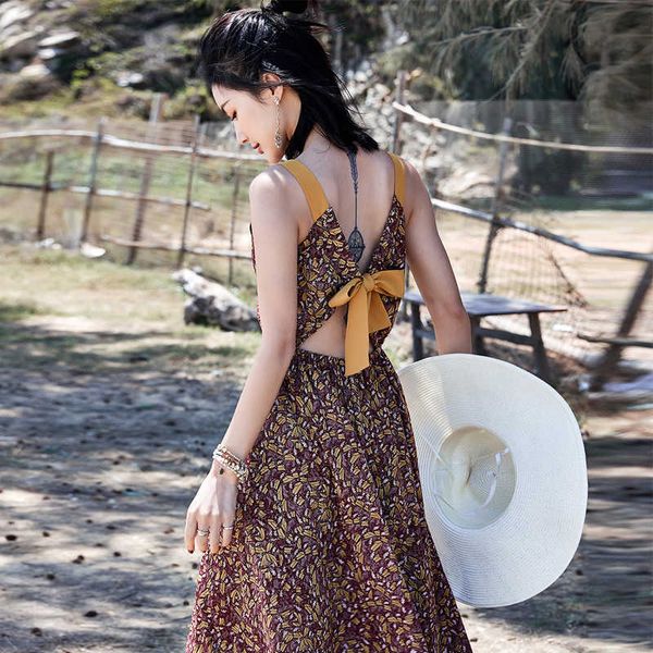 

summer women beach dress bowknot hollow out v neck sleeveless midi es retro yellow floral print slim es 210608, Black;gray