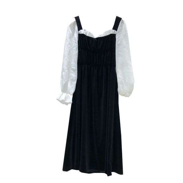 

spring patchwork contrast color dresses women temperament square collar vestido feminino long sleeve femme robe 210514, Black;gray
