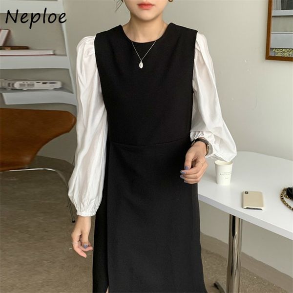 

korean temperament 2 pcs women set o neck long sleeve shirt + back split design high waist hip camis dress slim suit 210422, White