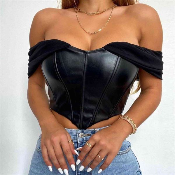 

bustier solid womens camis sleeveless vest summer pu leather back zipper off shoulder mesh suspender tank chic, White