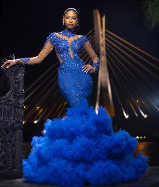 ASO EBI Kraliyet Mavi Mermaid Gelinlik Modelleri Kabarık Katmanlı Etek Uzun Kollu Yüksek Boyun Örgün Abiye giyim Pageant Dantel Özel Durum Elbise 2022