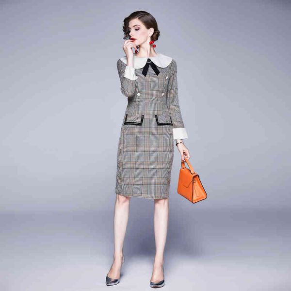 

womens autumn designer elegant vintage button bow patchwork plaid work business office party bodycon pencil dress big size 3xl 210525, Black;gray