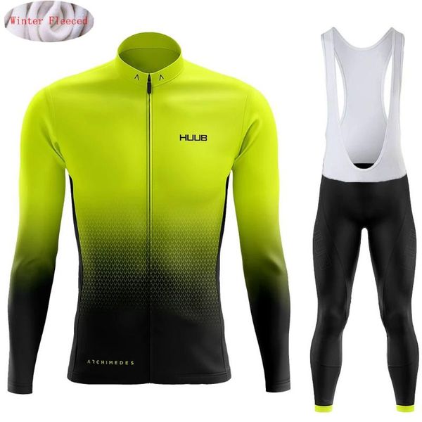 

racing sets fluo yellow huub winter cycling jersey set bib pants gel pad clothing long sleeve men thermal fleece suit bicycle tights warm, Black;blue