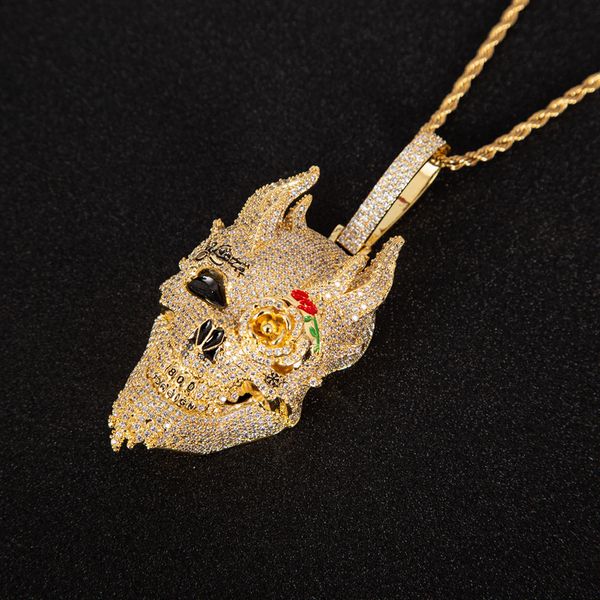 Grande crânio pingente cúbico zircão ouro prateado cor chapeado hip hop colar masculino jóias para presente
